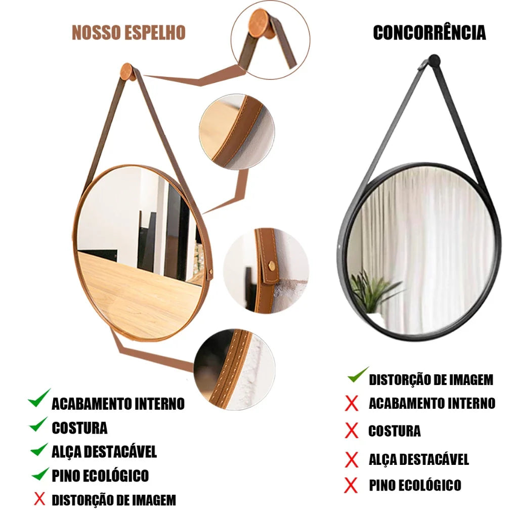 Espelho de Couro Costurado Com Alça